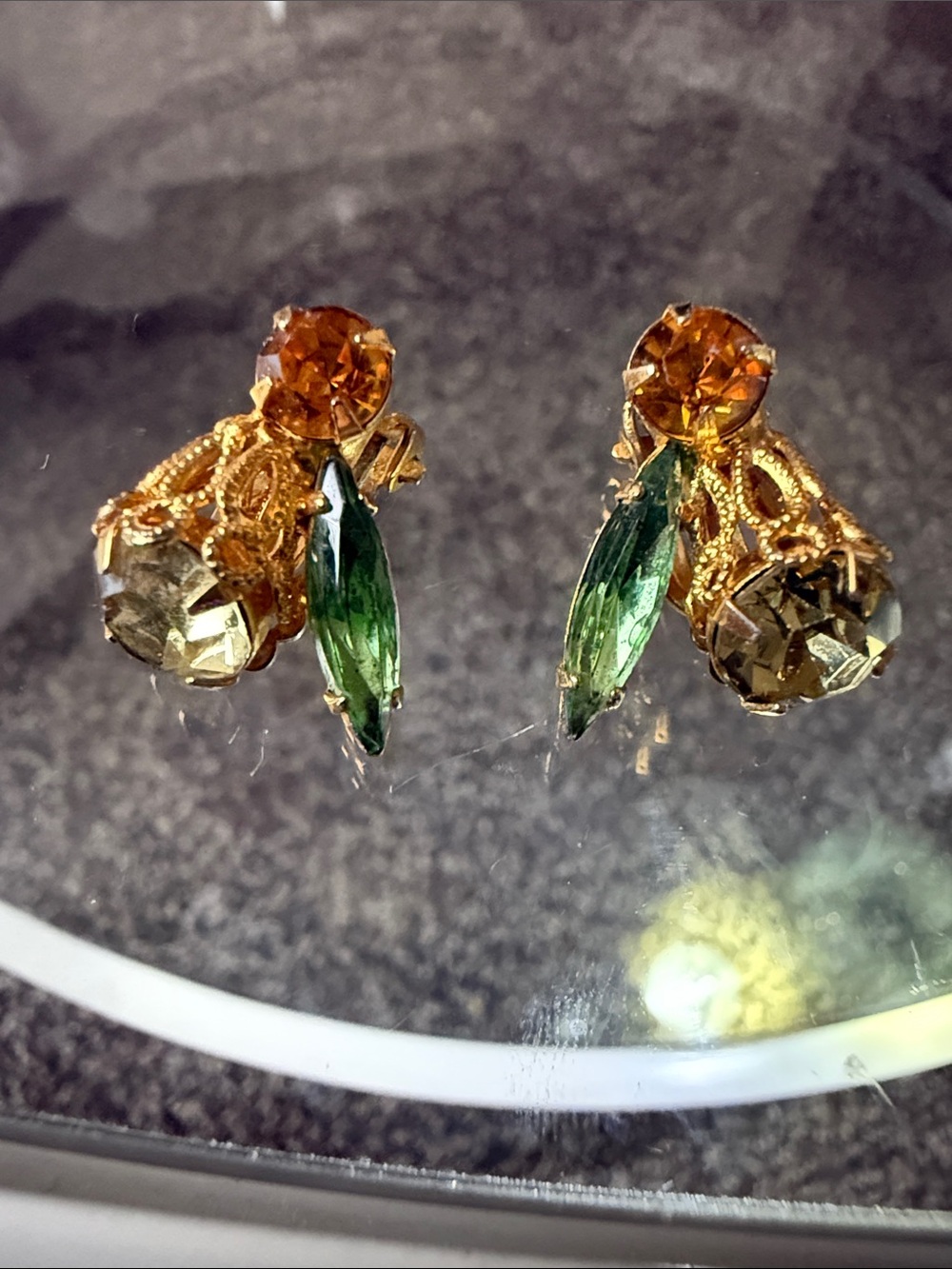 Vintage Gold-Tone Green and Amber Crystal Clip Earrings